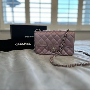 Chanel Classic Single Flap Bag Quilted Iridescent Calfskin Mini Pink